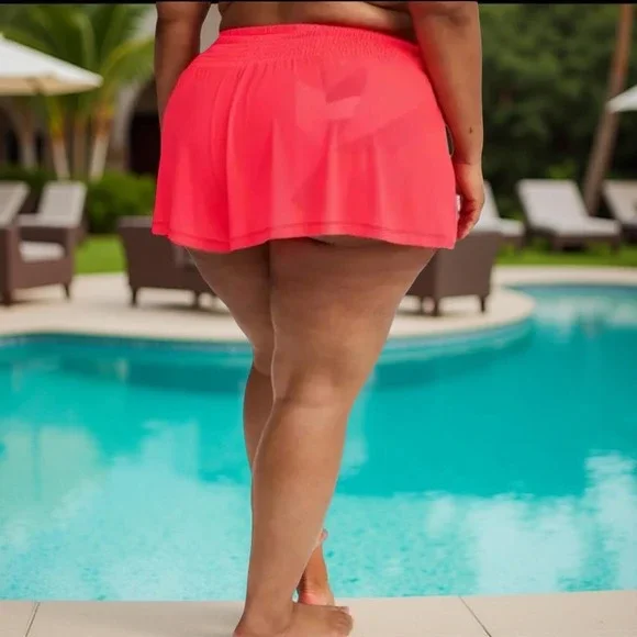 TORRID Swim Shorts CoverUp Sheer Neon-Coral Mesh Smocked Waist Flowy NWT Size 2X - Picture 3 of 11